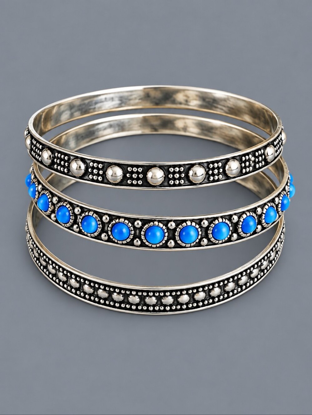 3/$30 SET of Three Silvertone Blue Cabochon Stacking Bangle Bracelets